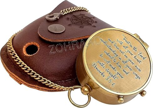 ثق في الرب من كل قلبك - الأمثال 3: 5-6 بوصلة مع حقيبة جلدية، بوصلة تخييم نحاسية، هدايا دينية منقوشة للابن والحفيد والابنة، وهدايا يوم التخرج للأولاد والبنات in Kuwait