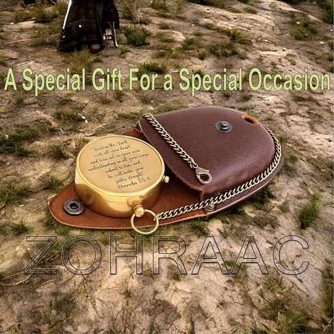 ثق في الرب من كل قلبك - الأمثال 3: 5-6 بوصلة مع حقيبة جلدية، بوصلة تخييم نحاسية، هدايا دينية منقوشة للابن والحفيد والابنة، وهدايا يوم التخرج للأولاد والبنات in Kuwait