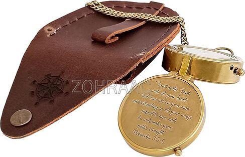 ثق في الرب من كل قلبك - الأمثال 3: 5-6 بوصلة مع حقيبة جلدية، بوصلة تخييم نحاسية، هدايا دينية منقوشة للابن والحفيد والابنة، وهدايا يوم التخرج للأولاد والبنات in Kuwait