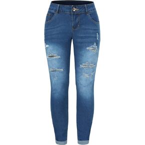 THUNDER STAR Womens Stretch Ripped Cropped Jeans Mid Rise Distressed Casual Denim Pants