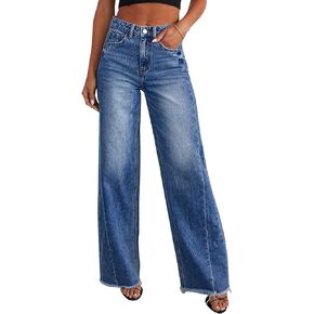 LONGBIDA Women's Wide Leg Casual Jeans Baggy Stretchy Middle Waist Denim Pants