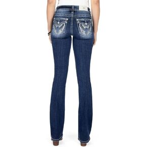Miss Me Women's Mid-Rise 3D Embossed Angel Wings Embellished Faux Flap Pockets Bootcut Jeans