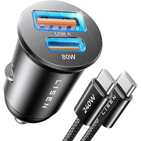 LISEN GaN Super Fast Car Charger Type C, 80W [PPS2.0] for SamSung Fast Car Charger with 240W Cable Car Laptop Charger Mini All Metal Fit for SamSung S24 MacBook Air iPhone 15 2024 iPad Pro Laptop
