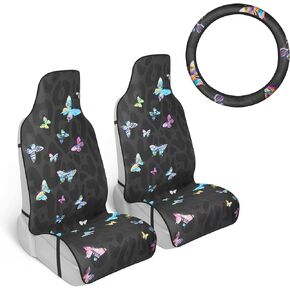 Black Leopard & Butterfly Car Seat Covers, 2 Pack Animal Print Front Seat Covers for Cars with Matching Steering Wheel Cover, Cute Automotive Interior Covers for Trucks Van SUV