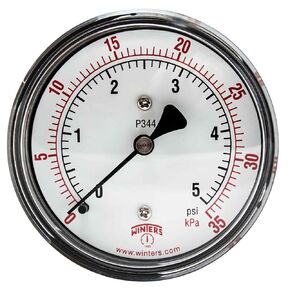 Winters PLP Series Steel Dual Scale Low Pressure Gauge with Brass Internals, 0-5 psi, 2-1/2" Dial Display, +/- 3-2-3% Accuracy, 1/4" NPT Center Back Mount