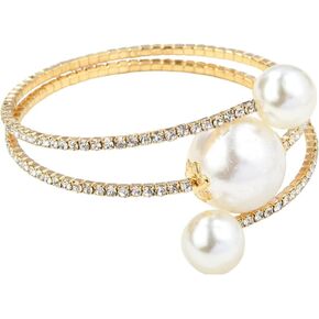 لذيذ حجر الراين الفضة الذهب اللؤلؤ المفتوحة الإسورة سوار الأزياء مكتنزة الذهب أساور الزفاف سباركلي الطبقات سوار قابل للتعديل أساور اللؤلؤ للنساء العرائس الفتيات in Kuwait