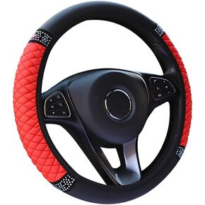 Diamond Leather Steering Wheel Cover,Bling Soft Leather Steering Wheel Cover for Women Girls,Universal 15 Inch Breathable Anti-Slip Car Wheel Protector Car Accessories for Most Cars (Black&Red)