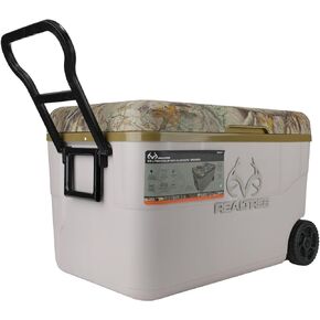 Real Tree 55 Quart Camping Cooler with Wheels and Bluetooth Speaker, IP67 Waterproof OutdoorCooler with 12000mAh Rechargeable Battery for Parties Festivals Camp Beach, Keeps Ice for 3 Daysand Up