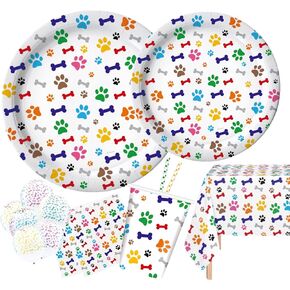 Serves 18 Complete Party Pack Dog Theme Party Supplies Includes Plates, Cups, Napkins ,Table Covers, Straws, Balloons Ideal for Dog Puppy Paw theme Birthday party supplies