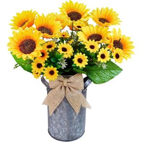Winlyn Farmhouse Artificial Sunflowers in Rustic Metal Milk Can Sunflower Table Centerpiece Yellow Artificial Sunflower Arrangements 13" for Home Kitchen Room Summer Wedding Everyday Tabletop Décor