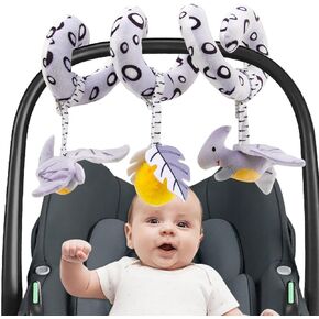 Spiral Car Seat & Stroller Activity Toy - Baby Carseat Toys Hanging Infants Plush Toys for Ages 0 Months and Up - Hanging Toys Include BB Squeaker, Crinkle Toys, Mirror and Textured Ribbons (Lion)