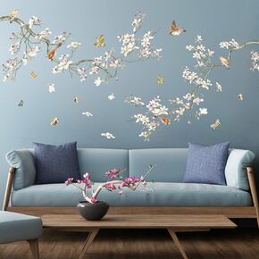 Removable 3D Two Curved Tree Branches Leaves With Colorful Flying Birds Wall Decals DIY Peel and Stick Wall art Decor Stickers for Kids Babys Bedroom Boys Playroom Classroom Nursery Wall Corner Decoration (White)
