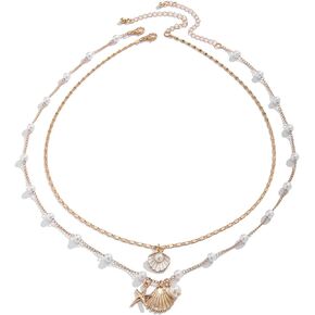 Bohemian Set Puka Shell Pearl Chain Link Pendant Adjustable Choker Necklace Layer Starfish Conch Sequins Necklace for Women Girl Jewelry GIfts Summer Beach Boho Holiday