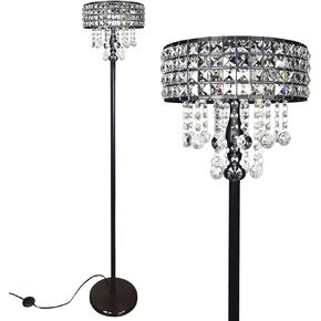 beaysyty Modern K9 Clear Glass Crystals Floor Lamp, On/Off Foot Switch, Crystal & Glass 3-Lights Standing Light, Reading Corner Lamp for Office Cafe, Living Room Bedroom (Chrome)