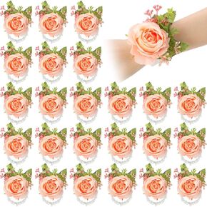 Sherr 24 Pcs Wedding Rose Wrist Corsage Wristlet Band for Bridal Bridesmaid Girls Women Flowers Bracelets Decor Wedding Artificial Flowers for Party Prom Wedding Homecoming (Peach Pink)