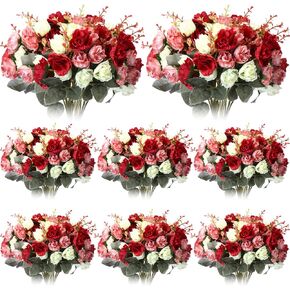 Geosar 8 Pcs 56 Branch 168 Heads Artificial Rose Flowers Artificial Flower Bouquet Leaf Valentines Wedding Centerpieces DIY Bride Fake Rose for Home Bridal Party Decorations(Pink)