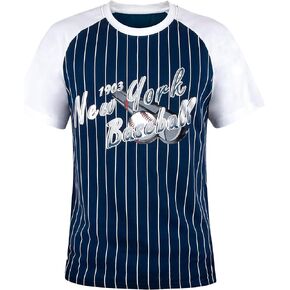 Mens City Baseball Fans Vintage Sporty Pinstripe Crew Neck Tee Shirts - Navy & Red