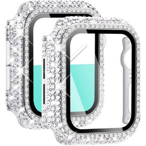 NewWays 2-Pack Bling Cases with Screen Protector Compatible for Apple Watch 41mm, Fully Paved Diamonds Protective Case for iWatch Series 7 (41mm, Black+Clear)