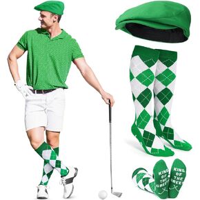 2 Pcs Men Golf Socks Newsboy Hat Accessories Golf Knee High Socks Flat Cap Father's Day Tournament Gift