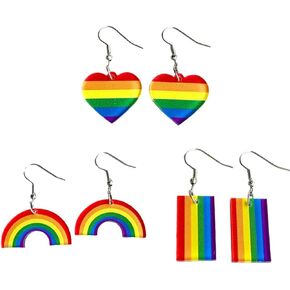 Pingyongchang 3 Pairs Cute Love Heart Rainbow Acrylic Dagnle Drop Earrings Pride Earrings Rainbow Mesh Lightweight Earrings Love Wins Colorful Earrings for Women Girl Pride Gift