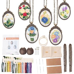6 Sets Retro Necklace Embroidery Pendant Kit with Instructions, Mini Flower Patterns Embroidered Pendant Necklace with Needle Thread,Chain,Small Cross Stitch Kit with Hoop for Adults DIY Art Crafts