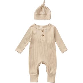 ملابس حديثي الولادة للأولاد والبنات رومبير مضلع للرضع سادة بأكمام طويلة منسوجة بدلة قفز قبعة ملابس منزلية قادمة in Kuwait