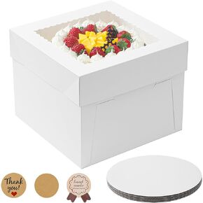 3 Pack Cake Boxes, 10x10x8 Inches Tall Cake Box with Cake Boards, White Bakery Boxes with Window, Disposable Cake Containers with Lids for Cake, Donuts, Pies, Cookies, Wedding, Birthday, Party