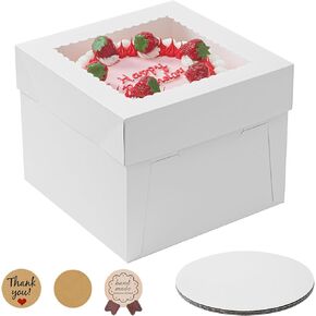 3 Pack Cake Boxes with Window, 12x12x8 Inch Tall Cake Box, Large White Bakery Boxes with Cake Boards, Square Cardboard Cake Containers with Lids for Cake Donuts Pies Cookies Wedding Birthday