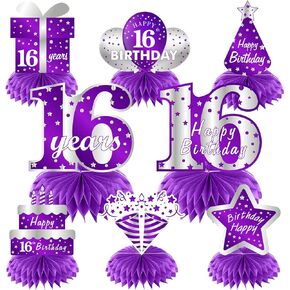 Purple Silver Sweet 16th Birthday Table Centerpiece Decorations for Girl Women, 8Pcs 16 Years old Birthday Table Party Supplies, Sixteen Birthday Table Topper Decor
