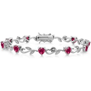 Gem Stone King 925 Sterling Silver Heart Shape Red Created Ruby and White Lab Grown Diamond Greek Vine Flower Tennis Bracelet For Women (6.04 Cttw, 7.5 Inch)