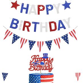 4th of July Happy Birthday Decoration Banner American Stars Stripes Flag Bunting Garland USA Triangle Glitter Red White and Blue Star Garland for birthday Cake Toppers Decoration Memorial Day