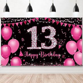 13th Birthday Backdrop Banner Hot Pink, Happy 13th Birthday Decorations for Girls, 13 Year Old Birthday Party Yard Sign Photo Booth Props Background Decor Supplies, Fabric, 6.1ft x 3.6ft, Vicycaty
