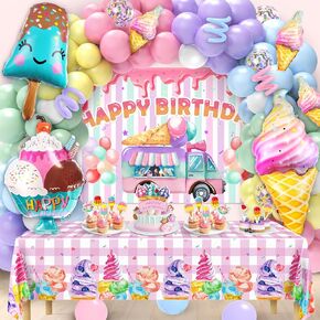 Ice Cream Party Decorations, 114Pcs Ice Cream Party Supplies with Pastel Ice Cream Balloon Arch Kit Backdrop Tablecloth Cupcake Toppers for Sweet Girl Birthday Party Decorations