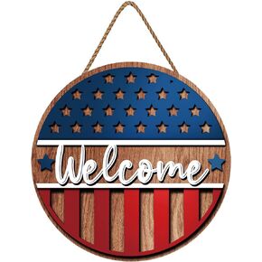 Whaline 4th of July Patriotic Welcome Sign 3D Wooden Hanging Sign Stars and Stripes Door Wall Decorations for Independence Day Memorial Day Wreaths Home Coffee Shop Bakery Farmhouse Window