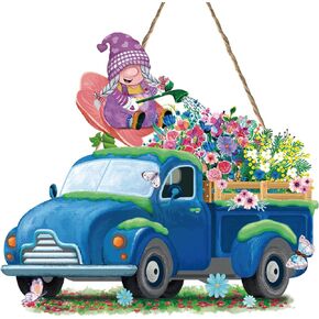 Tiamon Spring Gnome Flower Sign for Front Door Wooden Hanging Sign Gnomes Flower Truck Wreath Sign Spring Wood Door Hanger for Outdoor Porch Welcome Sign for Home Indoor Outdoor Wall Porch Decoration
