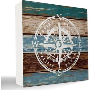 kunlisa Retro Nautical Anchor Wooden Box Sign Desk Decor,Rustic Wood Block Plaque Box Sign for Coastal Beach House Lake House Shelf Table Decoration