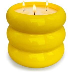 Outdoor Decorative 3 Wick Yellow Large Citronella Candle, 18oz, Ceramic, Strong Lemongrass Scented Candles, for Patio, Table Decor, Camping Accessories, Outside, Summer