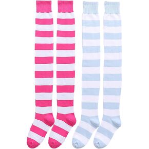 CutiePlusU Cotton Striped Knee High Socks Extra Long Thigh High Stripe Socks 2 pairs Pack