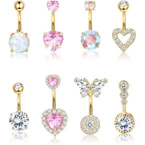 Dochais Pink Heart Belly Button Ring Piercing 8Pcs 14G Surgical Stainless Steel Navel Piercing Jewelry Hypoallergenic Cute Opal Butterfly Belly Button Rings for Women