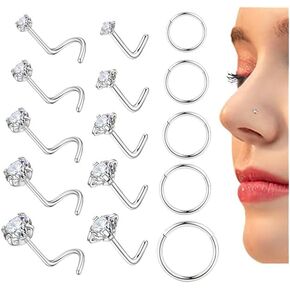 15 PCS Gold Plated Nose Rings Stud for Women 316L Surgical Steel Gold Silver Nose Rings 20G Corkscrew L Shaped Nose Rings Hoop Nose Rings Helix Cartilage Daith Tragus Sleeper Earrings Hypoallergenic Body Piercing Jewelry