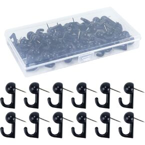 50 Pcs Push Pins with Hooks, Plastic Heads Pin Tacks Wall Thumb Tacks Hanging Nails, Decorative Thumb Tacks Hook for Photo Wall, Bulletin Board (Black)