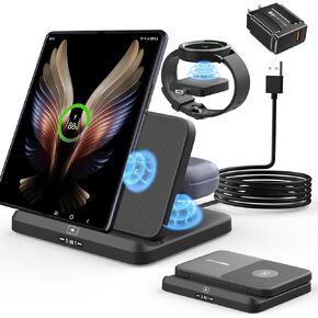 Wireless Charging Station for Samsung, 3 in 1 Foldable Samsung Charging Station Detachable Galaxy Watch Charger for Galaxy S23/S22/S21, Z Fold5/4/3, Z Flip5/4/3,Watch6/5/Pro/4/3,Buds 2