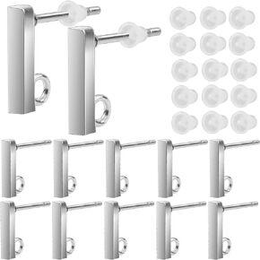Aylifu 20pcs Stainless Steel Earring Posts Rectangle Bar Pierced Stud Earrings Findings with Loop and 20pcs Clear Bullet Earring Backs for Jewelry Making