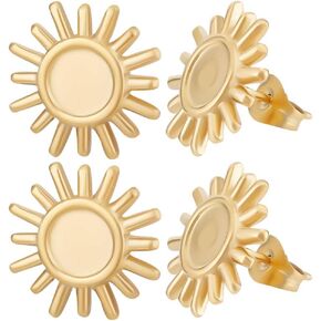 Beebeecraft 1 Box 14Pcs Sun Earring Findings 18K Gold Plated Brass Sun Flower Ear Post Tray Blank Bezel Earring Settings for Women DIY Jewelry Dangle Earring Making