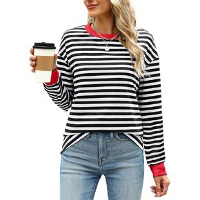 WIHOLL Womens Tunic Tops Loose Fit Long Sleeve Striped Shirts Crewneck Tops
