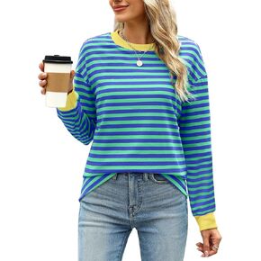 WIHOLL Womens Tunic Tops Loose Fit Long Sleeve Striped Shirts Crewneck Tops in Kuwait