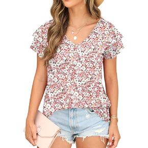 Womens Tshirts Blouses Floral Tops Ruffle Sleeve Shirts for Women V Neck Loose Casual Tee Tunics L