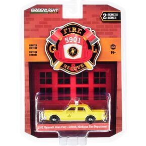 1982 Plymouth Gran Fury Yellow Detroit Fire Department Battalion Chief #1" (Michigan) Fire & Rescue 1/64 Diecast Model Car by Greenlight 67020 C