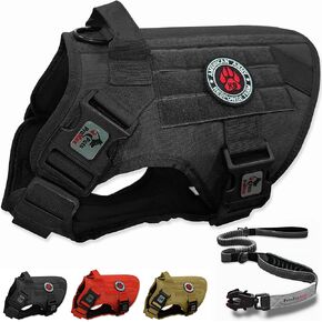 Tactical Dog Harness with Tactical Dog Leash as 1 Set for Large Dogs; Military Style Tactical Dog Vest and Bungee Dog Leash with Car Seat Buckle | No-Pull Dog Vest and Leash Red L
