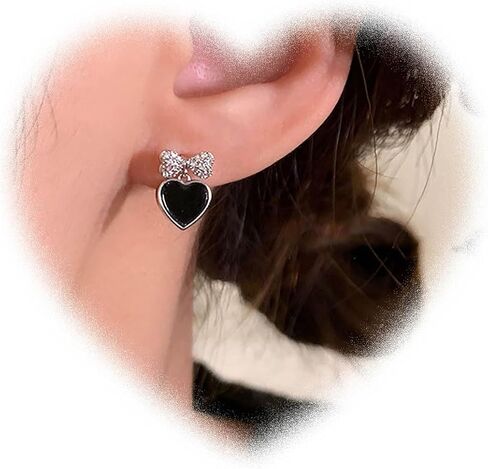 Black Heart Earrings for Girls Boho Tiny Bow Earrings Love Heart Stud Earrings Crystal Bow Knot Earrings for Women Gifts in Saudi Arabia